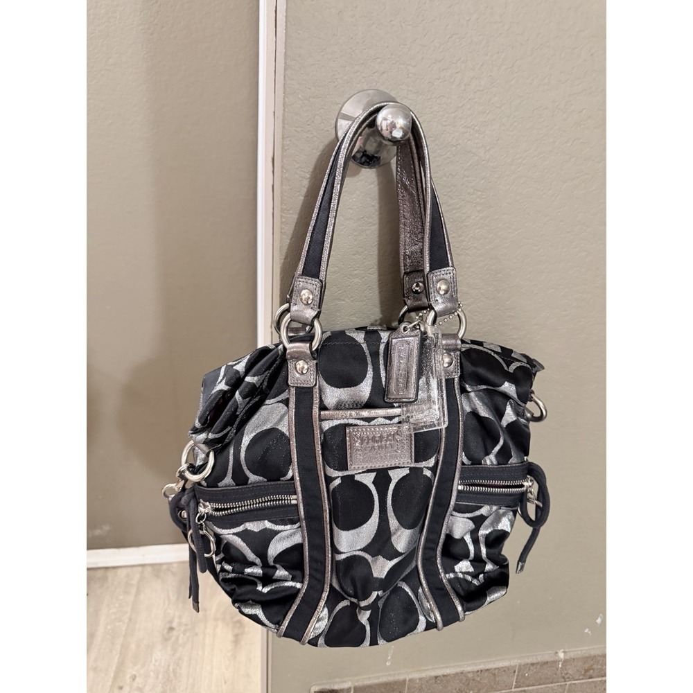Coach Black Silver Logo Accent Zip Shoulder Bag Purple Satin Lining J1169-F14493